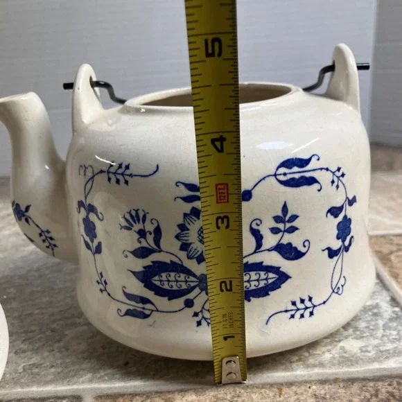 Vintage Blue Onion Pattern Ceramic Teapot with Metal Handle and Lid